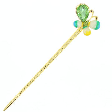 Gold Finish Enamel Butterfly Hair Stick with Rhinestones Champagne